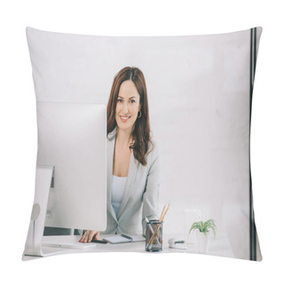 Personality  Attractive, Smiling Secretary Looking At Camera While Sitting At Workplace Pillow Covers