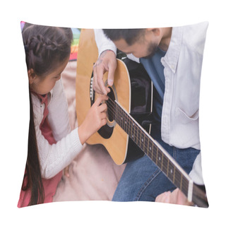 Personality  Preteen Asian Child Playing Acoustic Guitar With Father On Blanket In Park  Pillow Covers