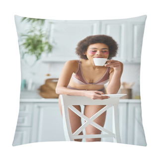 Personality  Happy African American Woman With Eye Patches Standing In Underwear And Smelling Morning Coffee Pillow Covers