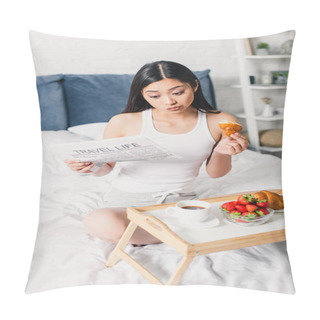 Personality  Selective Focus Of Asian Woman Reading Newspaper And Eating Breakfast On Bed At Home  Pillow Covers