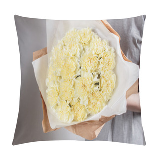 Personality  Soft Yellow Carnations Flower In The Hands Of The Florist. Kraft Paper Pillow Covers