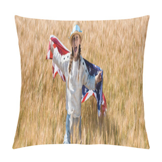 Personality  Panoramic Shot Of Cute And Happy Kid Holding American Flag In Field  Pillow Covers