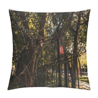 Personality  Barded Wire Fence And Turkish Flag In Park Of Istanbul, Turkey Pillow Covers