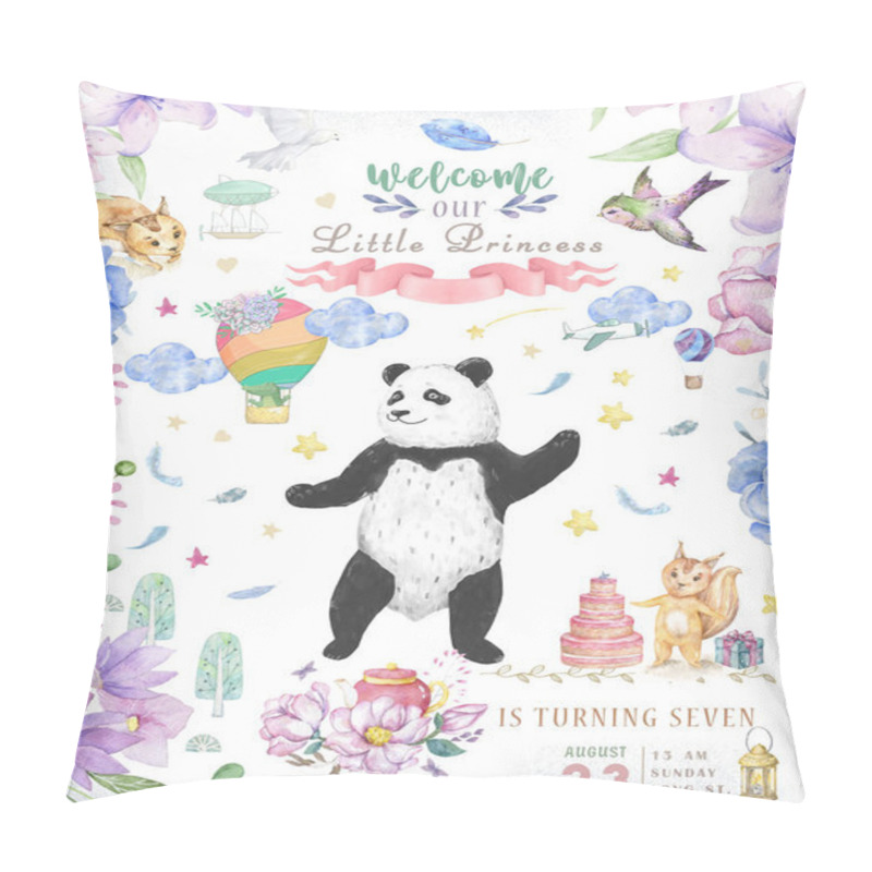 Personality  Happy Birthday card design with cute panda bear and boho flowers and floral bouquets illustration. Watercolor clip art for greeting card. Invite poscard, beauty animal. Text for celebration pillow covers
