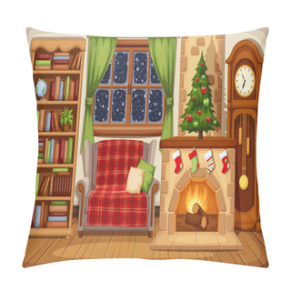 Personality  Vector Illustration Of A Christmas Living Room With Fireplace, Sofa, Bookcase, Clock And Fir-tree. Pillow Covers