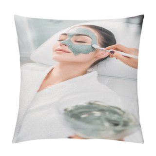 Personality  Partial View Of Cosmetologist Applying Clay Mask On Female Face In Spa Salon Pillow Covers