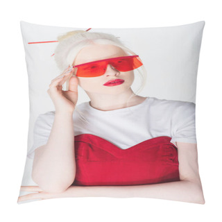 Personality  Stylish Blonde And Albino Woman In Red Sunglasses Posing Isolated On White Pillow Covers