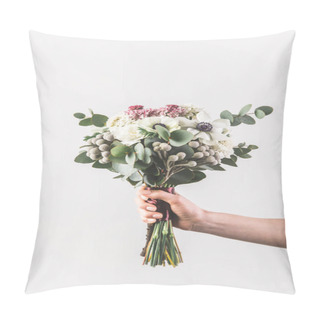 Personality  Cropped Shot Of Woman Holding Beautiful Bridal Bouquet Isolated On Grey Pillow Covers