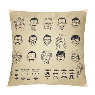 Personality  Vintage Girls Faces With Hair, Sunglasses And Shape Of The Lips.mans Faces With Mustaches, Sunglasses,eyeglass Es And A Bow Tie Pillow Covers