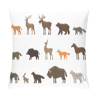 Personality  Animals Icon Set. Vector Symbols Such As Lynx, Deer, Elk, Bear, Raccoon, Badger, Wild Boar, Roe , Fox, Horse, Wolf, Hare, Musk Ox, Snow Leopard, Wolverine Pillow Covers