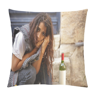 Personality  Poor Homeless Drunk Woman In Cold Weather Pillow Covers