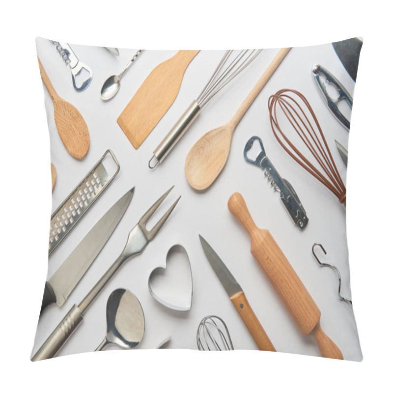 Personality  Top View Of Metal And Wooden Cooking Utensils On Grey Background  Pillow Covers