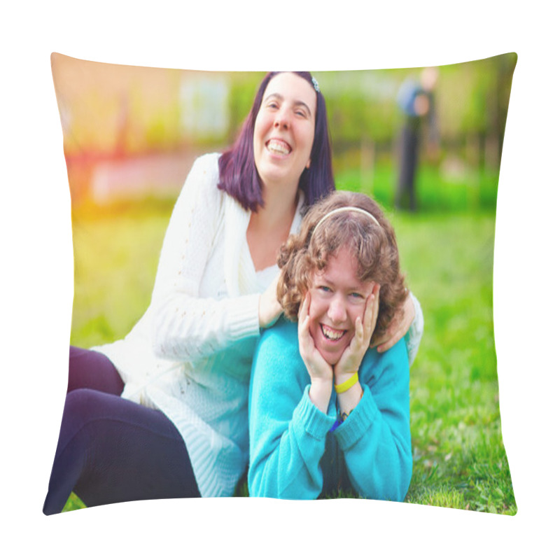 Personality  Portrait Of Happy Women With Disability On Spring Lawn Pillow Covers