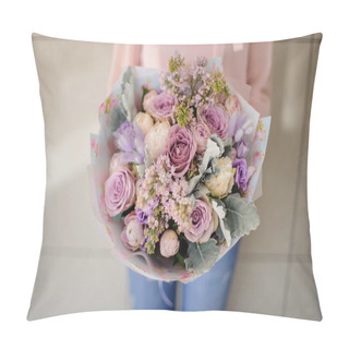 Personality  Woman Holding A Beautiful Fresh Blossoming Bouquet Pillow Covers