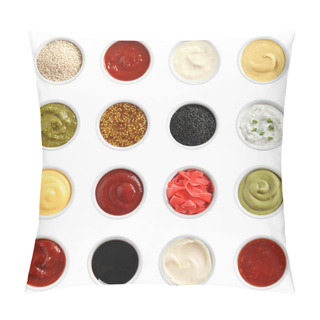 Personality  Set Of Different Delicious Sauces On White Background, Top View Pillow Covers