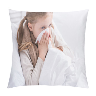 Personality  Sick Child With Scarf Over Neck Lying In Bed And Blowing Nose In Tissue At Home Pillow Covers