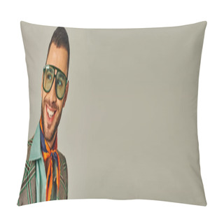 Personality  Portrait Of Happy Retro Style Man In Plaid Jacket And Neckerchief With Sunglasses On Grey, Banner Pillow Covers