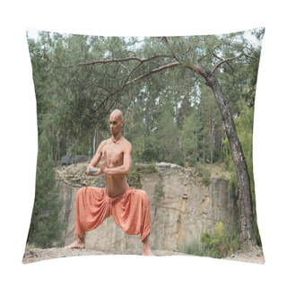Personality  Shirtless Buddhist In Harem Pants Meditating In Goddess Pose With Praying Hands In Forest Pillow Covers