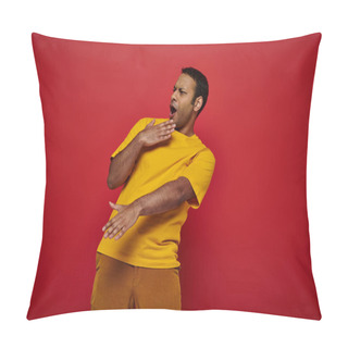 Personality  Emotional Indian Man In Bright Casual Clothes Showing Expressive Reaction On Red Background, Wow Pillow Covers