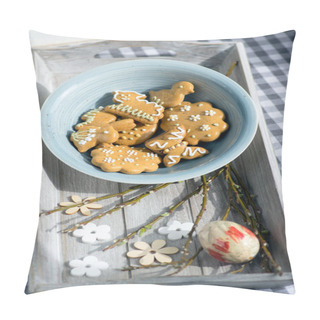Personality  Fresh Baked And Painted Gingerbreads In Blue Bowl On Gray Wooden Tray And Fresh Tree Branches, Wooden Flowers, Checkered Tablecloth, Traditional Easter Edible Still Life Pillow Covers