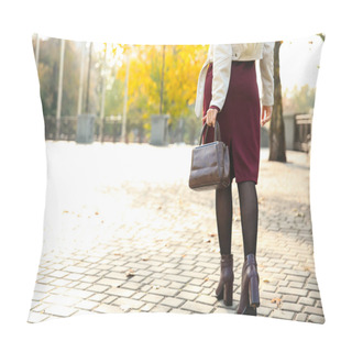 Personality  Beautiful Fashionable Woman Walking On Autumn Day Pillow Covers