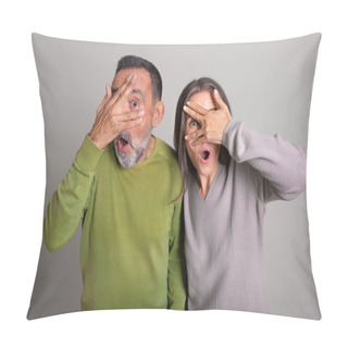 Personality  Shocked Frightened Old European Man And Woman With Open Mouth Covers Eyes With Hands On Gray Studio Background, Ad And Offer. Fear, Scare, People Emotions And Facial Expression Pillow Covers