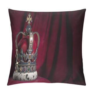 Personality  Royal Golden Crown With Jewels On Pillow On Pink Red Background. Symbols Of UK United Kingdom Monarchy. 3d Illustration Pillow Covers
