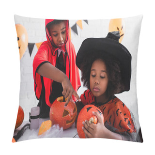 Personality  African American Boy Pointing At Carved Pumpkin Near Sister In Witch Costume  Pillow Covers