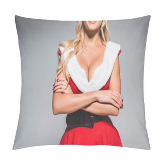 Personality  Cropped Image Of Smiling Woman In Christmas Dress Standing With Crossed Arms Isolated On Grey Background Pillow Covers