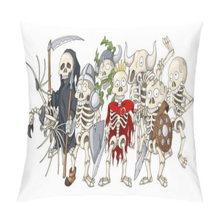 Personality  Undead War Formation. Cartoon Illustration Of Different Skeletons Sketches Pillow Covers
