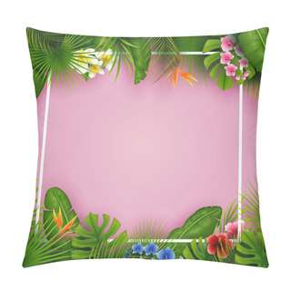 Personality  Tropical Leaves And Flowers With Empty Frame Square On Pink Background Pillow Covers