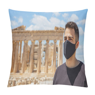 Personality  Athens Acropolis, Greece Coronavirus Days. Young Man Wearing Protective Face Mask, Ancient Greek Parthenon Temple And Blue Sky Background. Pillow Covers