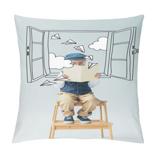 Personality  Cute Kid Sitting On Wooden Stairs And Reading Book On Grey Background With Fairy Window, Paper Planes And Clouds Illustration Pillow Covers