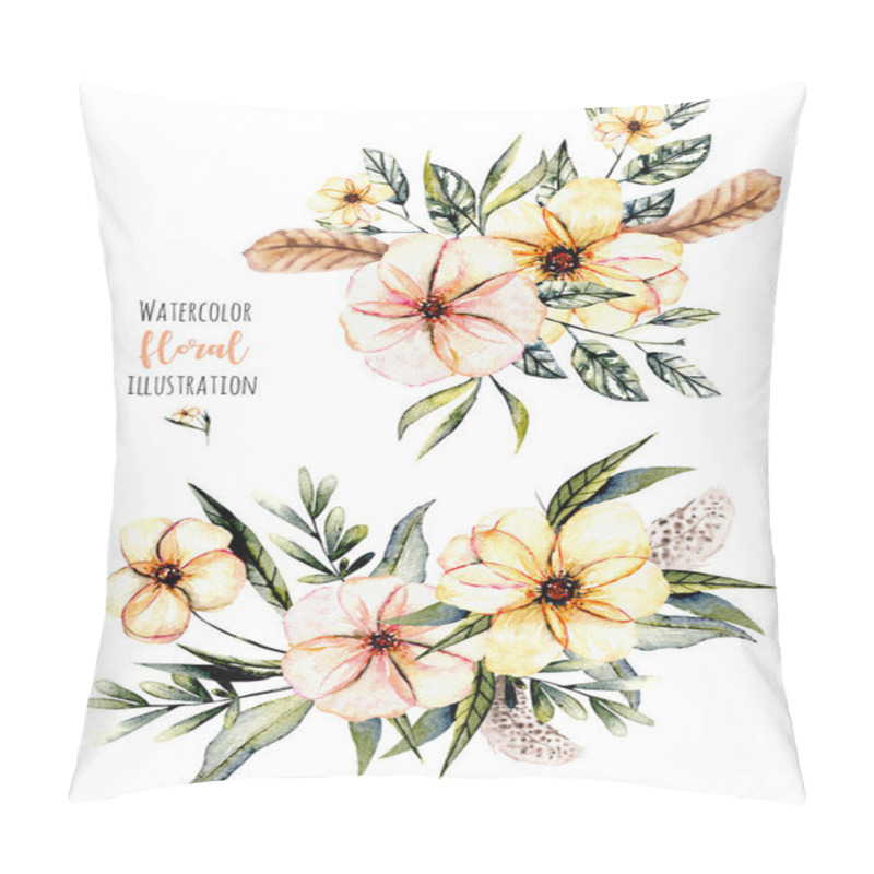 Personality  Set Of Watercolor Pink Flowers And Leaves Bouquets Illustration Pillow Covers