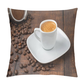 Personality  Fresh Espresso Coffee Together Decorated With Coffee Beans On Wooden Table Pillow Covers