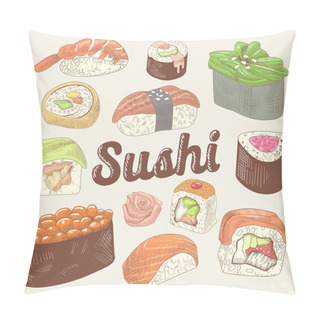 Personality  Japanese Food Hand Drawn Doodle. Sushi And Rolls With Rice And Fresh Fish. Vector Sketch Pillow Covers