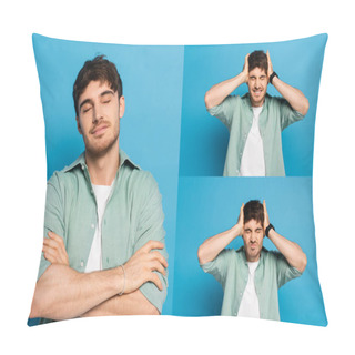 Personality  Collage Of Dreamy Man With Crossed Arms, And Exhausted Man Touching Head On Blue Pillow Covers