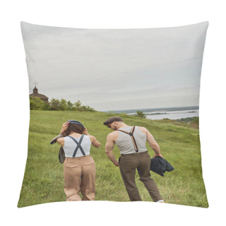 Personality  Fashionable Romantic Couple In Vintage Outfits, Newsboy Caps And Suspenders Walking Together On Grassy Hill With Cloudy Sky At Background, Stylish Partners In Rural Escape, Romantic Getaway Pillow Covers