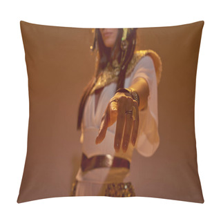 Personality  Cropped View Of Blurred Woman In Egyptian Attire Pointing With Finger At Camera On Brown Background Pillow Covers