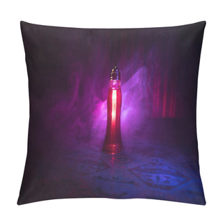 Personality  Antique And Vintage Glass Bottle On Dark Foggy Background With Light. Poison Or Magic Liquid Concept. Pillow Covers