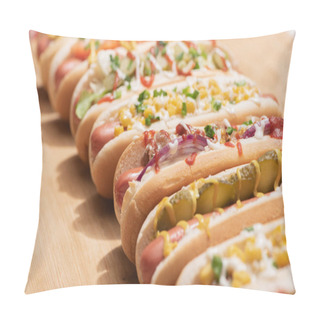Personality  Selective Focus Of Fresh Various Delicious Hot Dogs With Vegetables And Sauces On Wooden Table Pillow Covers