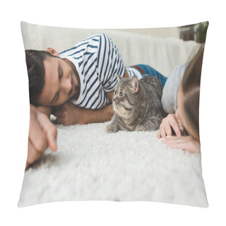 Personality  Happy Young Couple Lying On Floor With Tabby Cat Pillow Covers
