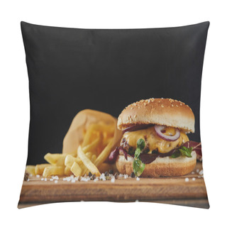 Personality  Salt, French Fries And Delicious Burger With Meat On Wooden Surface Isolated On Black Pillow Covers