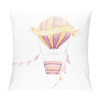 Personality  Colorful Air Balloon Flying With Ribbons. Pink And Yellow. Watercolor. Kids Prints. Pillow Covers
