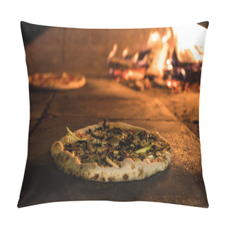 Personality  Close Up View Of Italian Pizza Baking In Brick Oven In Restaurant Pillow Covers