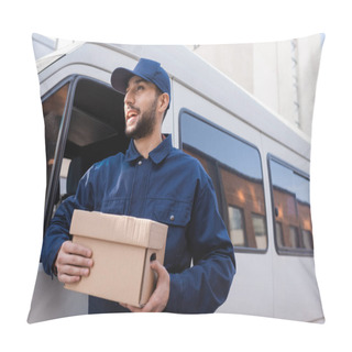 Personality  Happy Arabian Postman Looking Away While Standing With Parcel Near Car Pillow Covers