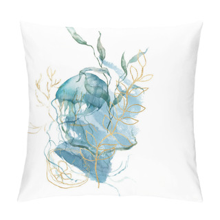 Personality  Watercolor Abstract Card Of Shell, Jellyfish, Linear Laminaria And Gold Corals. Underwater Animals And Plant Isolated On White Background. Aquatic Illustration For Design, Print Or Background. Pillow Covers
