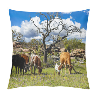 Personality  Cattle Grazing In A Bluebonnet Field On A Ranch In The Texas Hill Country. Pillow Covers