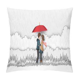 Personality  Illustration Of Love And Rainy Day ,Lovers Are Hugging  In The Meadow With Rain. Paper Art And Hand Drawing Style. Pillow Covers