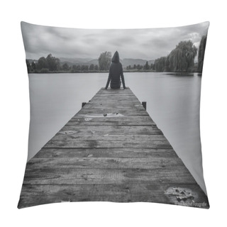 Personality  Man Sit On Wooden Pier Pillow Covers